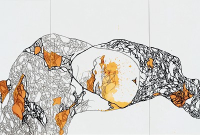Farzaneh Rezaei, «Ruptures» (2021). encre et safran sur carton. 38 x 84 cm.